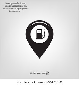 Map pointer with gas station icon. Vector illustration.