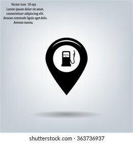 Map pointer with gas station icon. Vector illustration.
