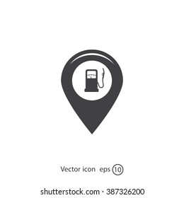 Map pointer with gas station icon. Vector illustration.