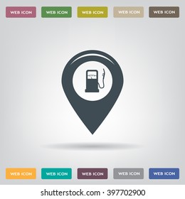 Map pointer with gas station icon. Vector illustration.