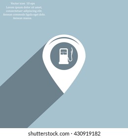 Map pointer with gas station icon. Vector illustration.