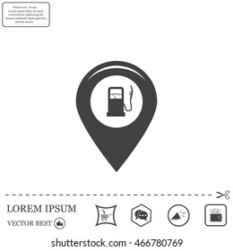Map pointer with gas station icon. Vector illustration.