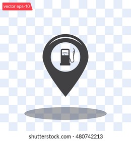 Map pointer with gas station icon. Vector illustration.