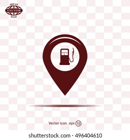 Map pointer with gas station icon. Vector illustration.