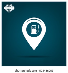 Map pointer with gas station icon. Vector illustration.
