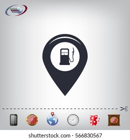 Map pointer with gas station icon. Vector illustration.