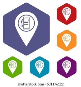 Map pointer with gas station symbol icons set hexagon isolated vector illustration