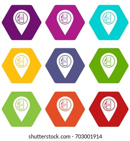 Map pointer with gas station symbol icon set many color hexahedron isolated on white vector illustration