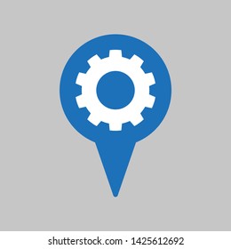 Map pointer with gear icon on grey background.