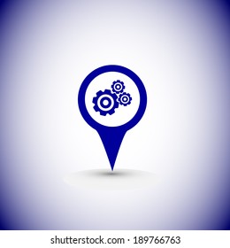 Map pointer gears icon, vector illustration. Flat design style