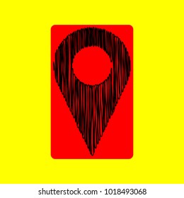 Map pointer. Geo pointer location icon. Navigation icon. Vector. Black scribble icon in red container with rounded corners at yellow background. Isolated.