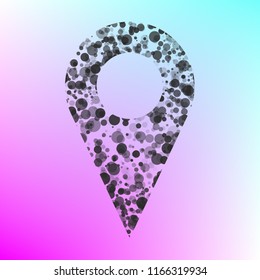 Map pointer. Geo pointer location icon. Navigation icon. Vector. Gray icon with bubbled texture at color background with pink and sky blue corners.