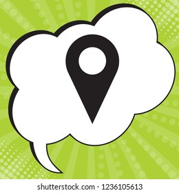 Map pointer. Geo pointer location icon. Navigation icon. Vector. Black icon in speech bubble at popart yellow green background.