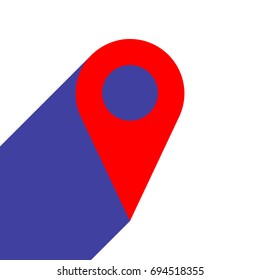 Map pointer. Geo pointer location icon. Navigation icon. Vector. Red flat style icon with dark blue long shadow on white background.