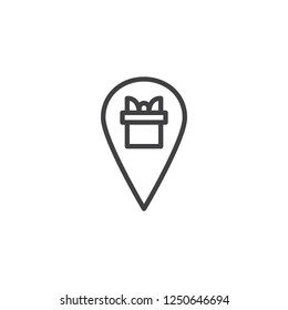 Map pointer with gift box outline icon. linear style sign for mobile concept and web design. Party present location pin simple line vector icon. Symbol logo illustration. Pixel perfect vector graphics