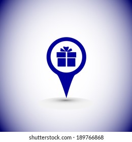 Map pointer with gift box sign icon