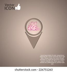 Map pointer with gift box sign icon.