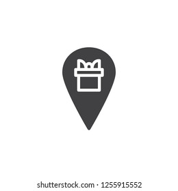 Map pointer with gift box vector icon. filled flat sign for mobile concept and web design. Party present location pin simple solid icon. Symbol, logo illustration. Pixel perfect vector graphics