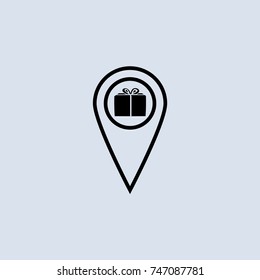 Map pointer with gift, vector icon