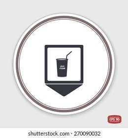 Map pointer. Glass with a drink icon. Flat design style. Made vector illustration. Emblem or label with shadow.