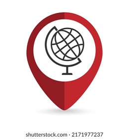 Map pointer with Globus icon. Vector illustration.