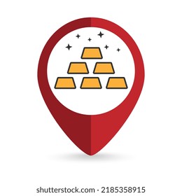 Map pointer with gold ingots icon. Vector illustration.