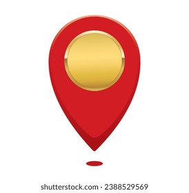 Map Pointer with Gold Pin in Red Color, vector illustration isolated, eps