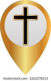 Map pointer with golden christian cross Icon. Vector