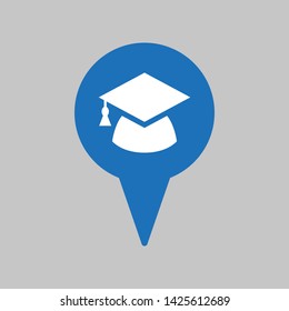 Map pointer with graduation cap icon on grey background.