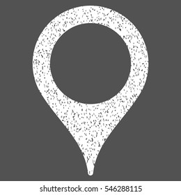 Map Pointer grainy textured icon for overlay watermark stamps. Flat symbol with unclean texture. Dotted vector white ink rubber seal stamp with grunge design on a gray background.