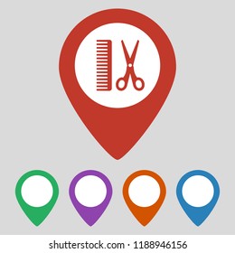 Map pointer with hair salon icon. Vector illustration