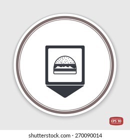 Map pointer. Hamburger icon. Sandwich icon. Flat design style. Made vector illustration. Emblem or label with shadow.