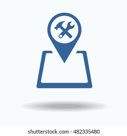 Map pointer with hammer and spanner silhouette. flat icon, vector illustration. Tech Service Logo. Support settings concept. Mobile phone recovery shop. Options and service. Flat design style icon