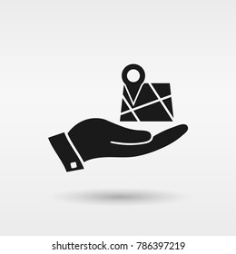 Map pointer in hand flat vector icon.