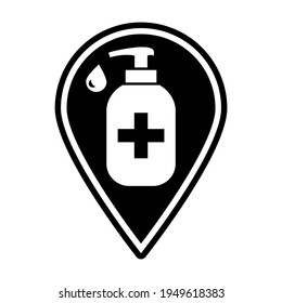 Map pointer with hand sanitizer icon. Vector icon isolated on white background.