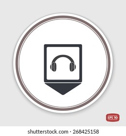 Map pointer. Headset icon. Flat design style. Made in vector. Emblem or label with shadow.