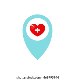 map pointer. health care icon, heart with white cross. vector illustration