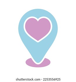 Map pointer with heart glyph icon. Valentine day symbol. Vector illustration, romance elements. Sticker, patch, badge, card for marriage, wedding