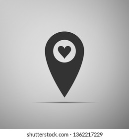 Map pointer with heart icon isolated on grey background. Valentines day. Love location. Romantic map pin. Flat design. Vector Illustration