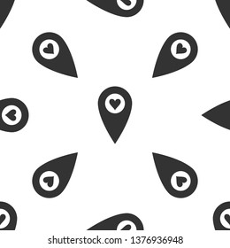 Map pointer with heart icon isolated seamless pattern on white background. Valentines day. Love location. Romantic map pin. Flat design. Vector Illustration