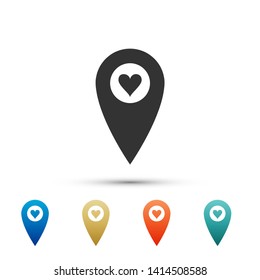 Map pointer with heart icon isolated on white background. Valentines day. Love location. Romantic map pin. Color set icons. Vector Illustration