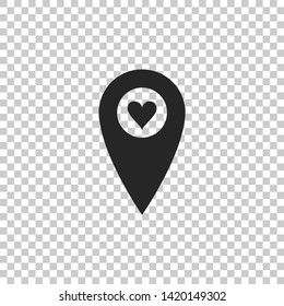 Map pointer with heart icon isolated on transparent background. Valentines day. Love location. Romantic map pin. Flat design. Vector Illustration