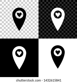 Map pointer with heart icon isolated on black, white and transparent background. Valentines day. Love location. Romantic map pin. Vector Illustration