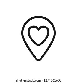 Map pointer with heart icon, location pin vector isolated symbol.