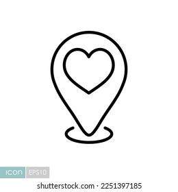 Map pointer with heart icon. Valentine day symbol. Vector illustration, romance elements. Sticker, patch, badge, card for marriage, wedding
