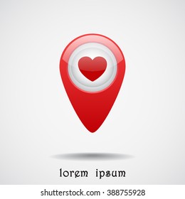 Map pointer with heart sign icons, vector illustration. Flat design style 