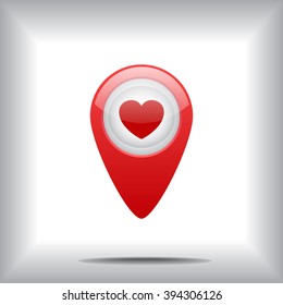 Map pointer with heart sign icons, vector illustration. Flat design style 