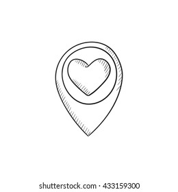 Map pointer with heart vector sketch icon isolated on background. Hand drawn Map pointer with heart icon. Map pointer with heart sketch icon for infographic, website or app.