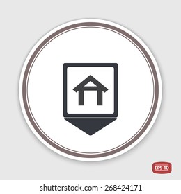 Map pointer. Home icon. Flat design style. Made vector illustration. Emblem or label with shadow.