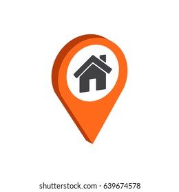 Map Pointer with Home symbol. Flat Isometric Icon or Logo. 3D Style Pictogram for Web Design, UI, Mobile App, Infographic. Vector Illustration on white background.